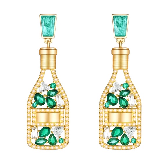 Champagne Bottle Earrings with Emerald Green Crystals – Statement Dangle Jewelry - Picture 4 of 4
